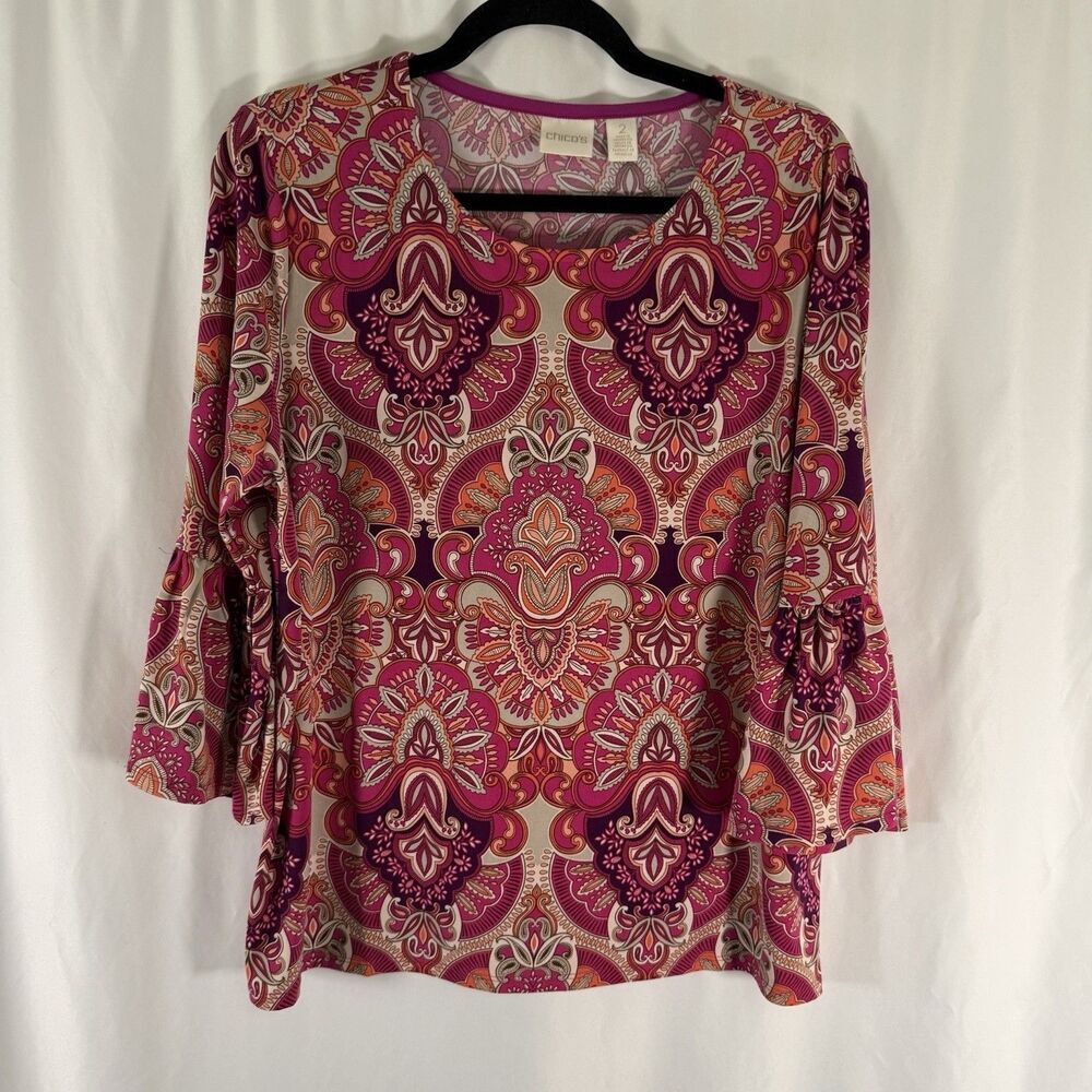 Chico's Floral Blouse Women's Large Pink Paisley 3/4 Bell Sleeve Round Neck